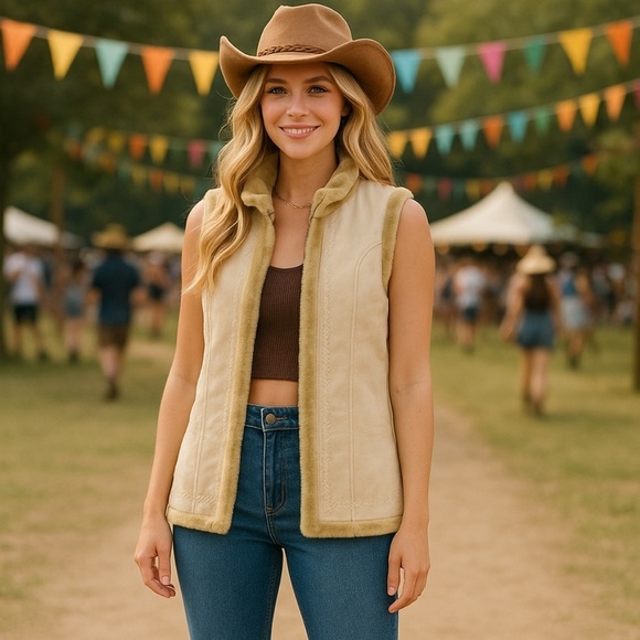Cream and Tan Embroidered Vest faux suede - Picture 1 of 5